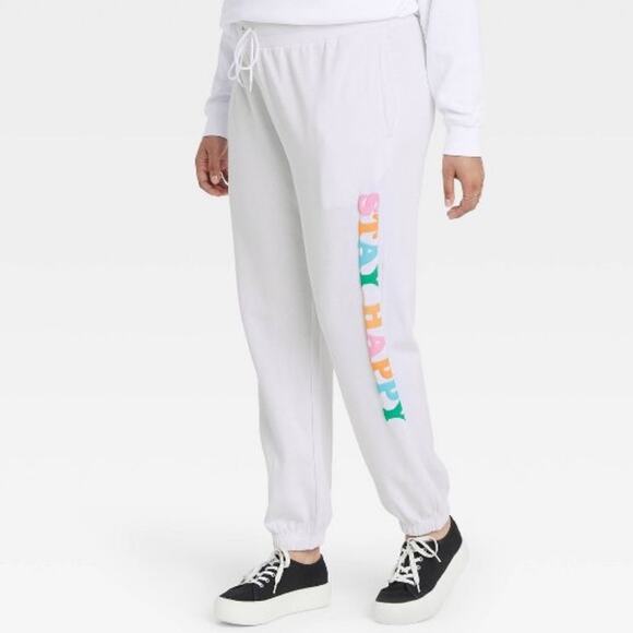 Revolutions 33 x Target NWT “Stay Happy” Sweatpant Joggers white/ rainbow sz XXL - Picture 1 of 10